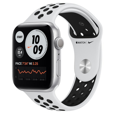 Apple Watch Series 6 GPS/44mm Aluminio en Plata / Correa Nike Deportiva Platino Puro y Negra